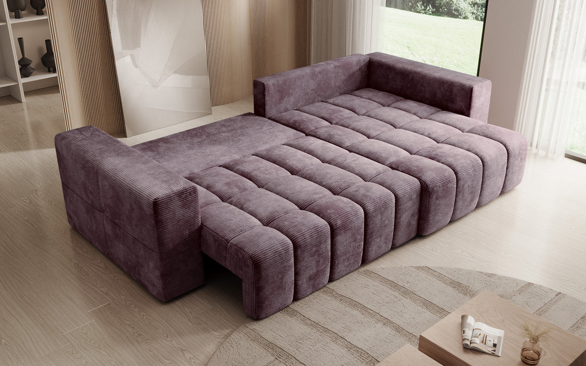 Designer corner sofa Momo with sleeping and folding function in Corduroy