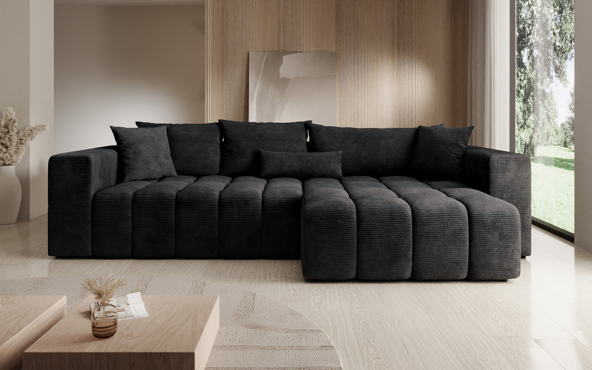 Designer corner sofa Momo with sleeping and folding function in Corduroy
