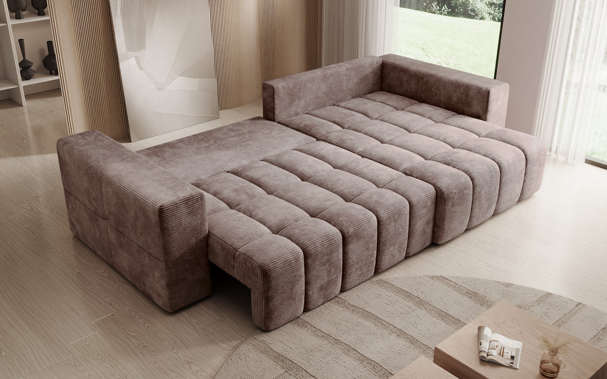 Designer corner sofa Momo with sleeping and folding function in Corduroy
