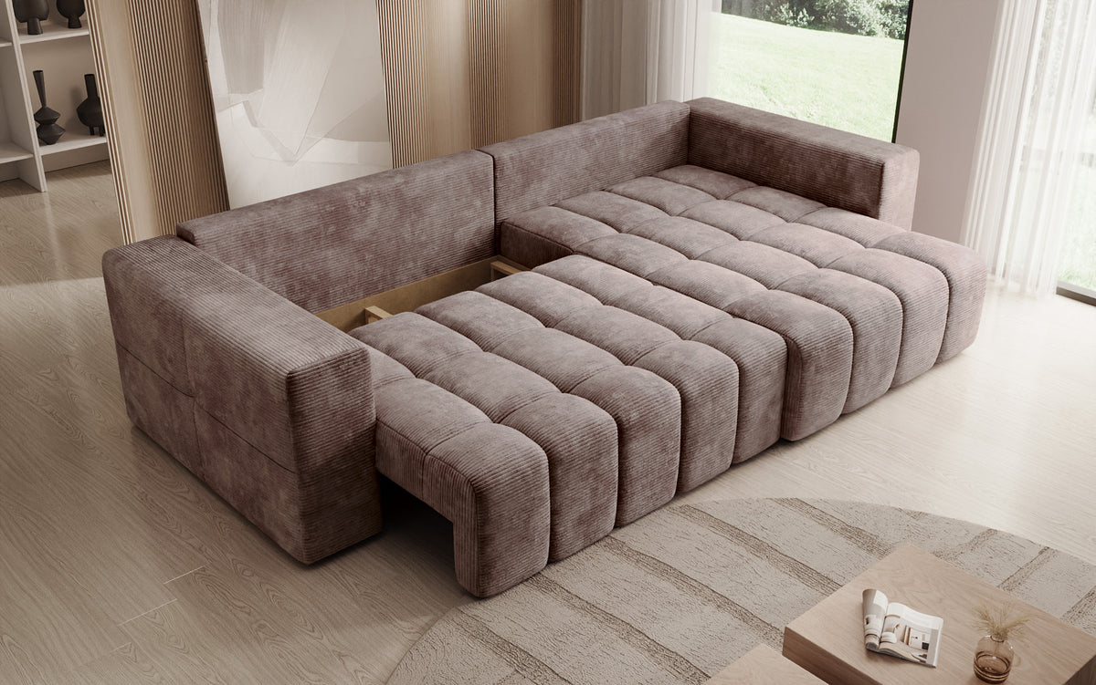 Designer corner sofa Momo with sleeping and folding function in Corduroy