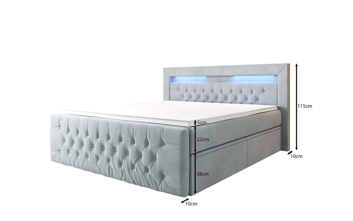 Menzogna Velvet Boxspring Bed with LED and Storage (2 Drawers)