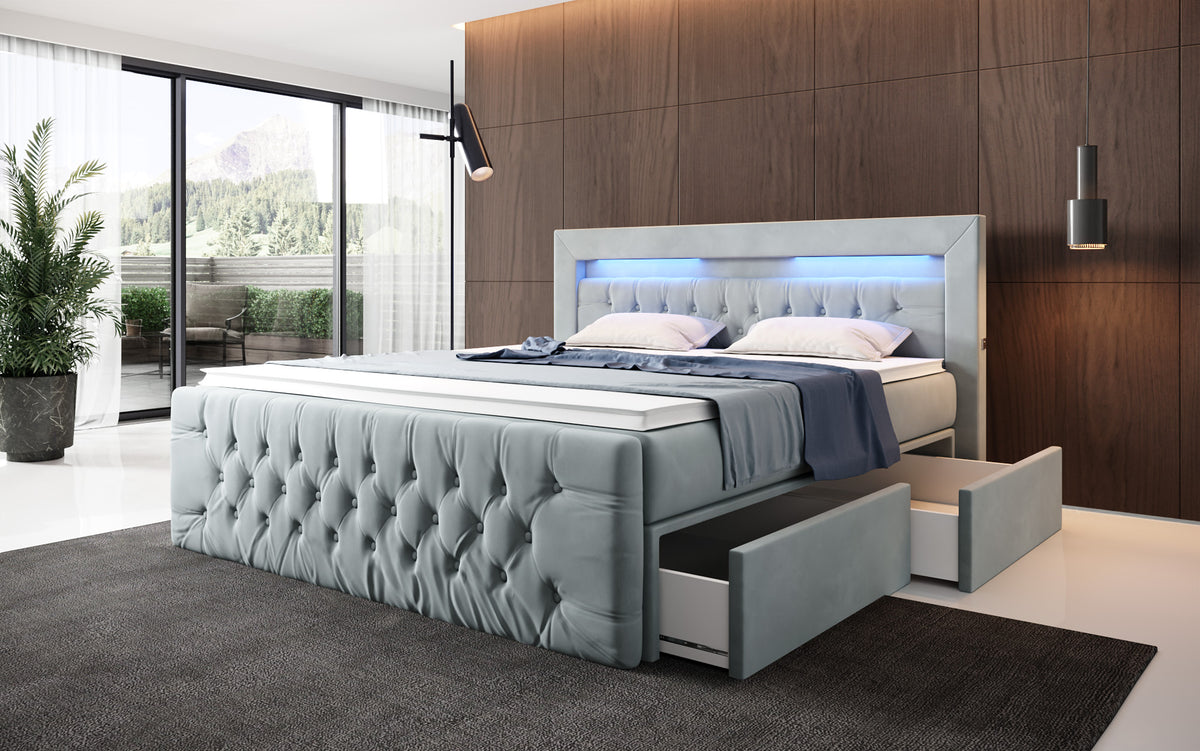 Menzogna Velvet Boxspring Bed with LED and Storage (2 Drawers)
