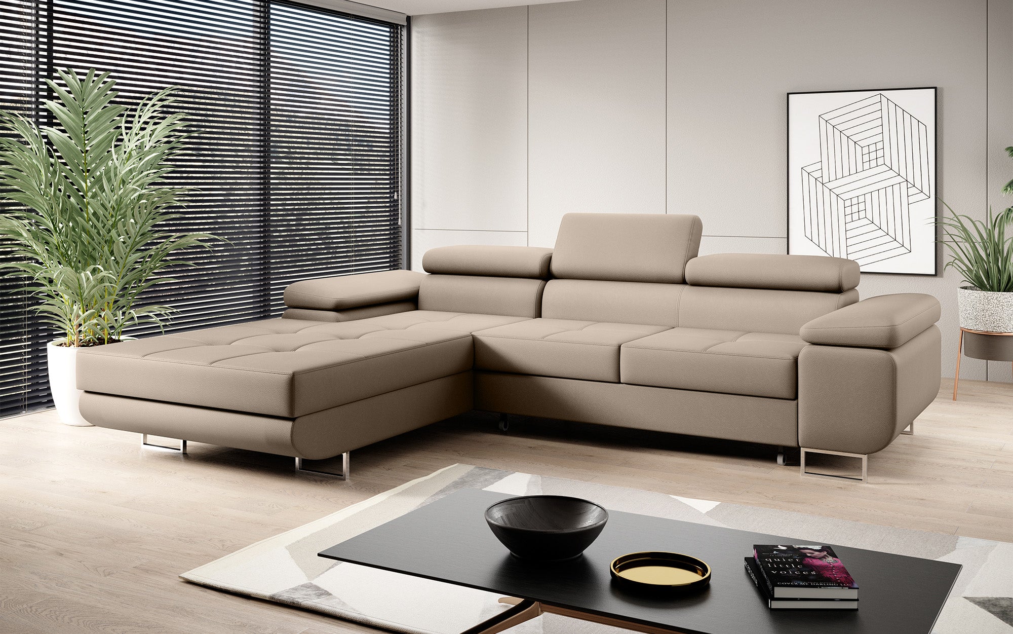 Designer sofa Calvera with sleep and folding function in faux leather