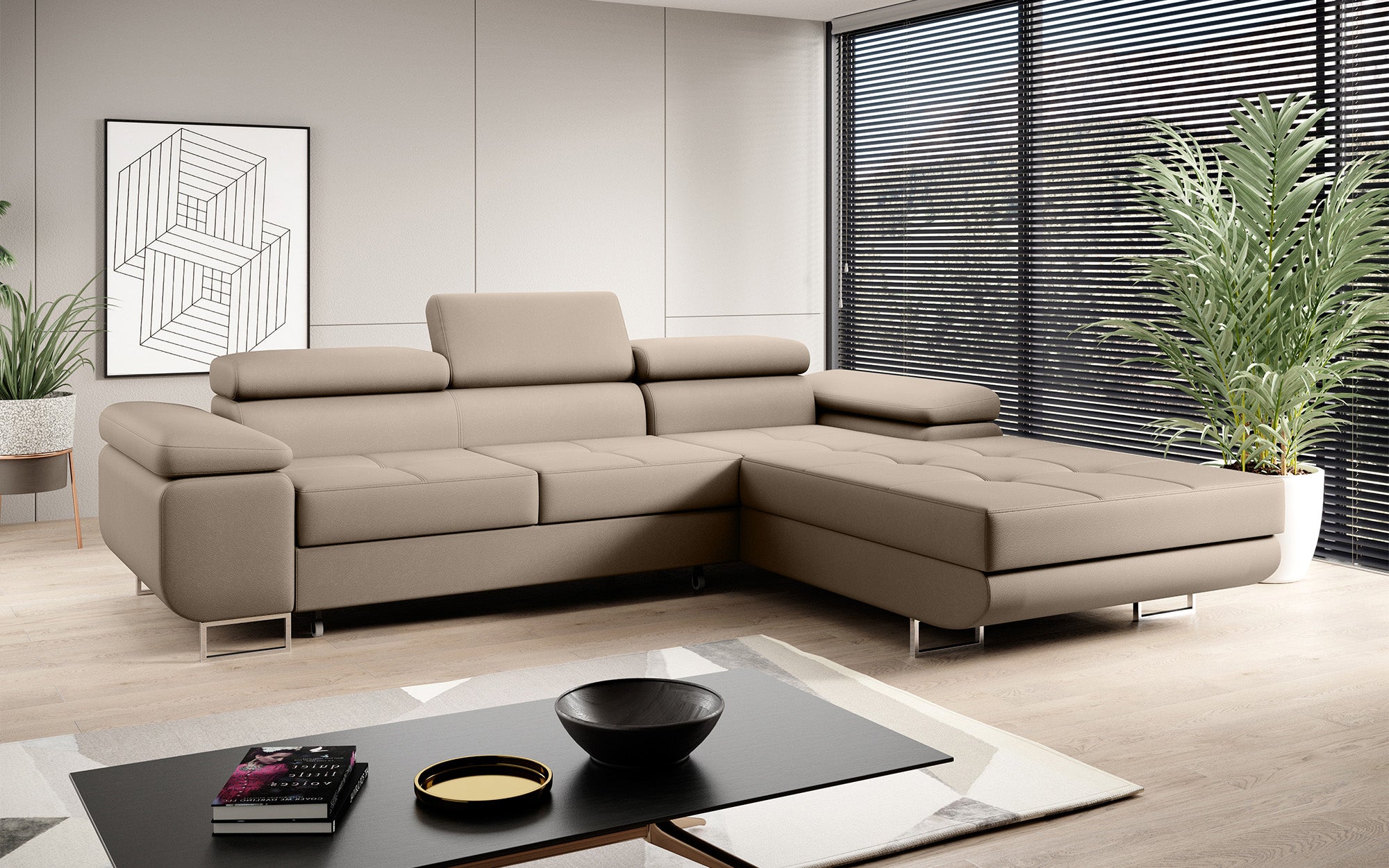 Designer sofa Calvera with sleep and folding function in faux leather
