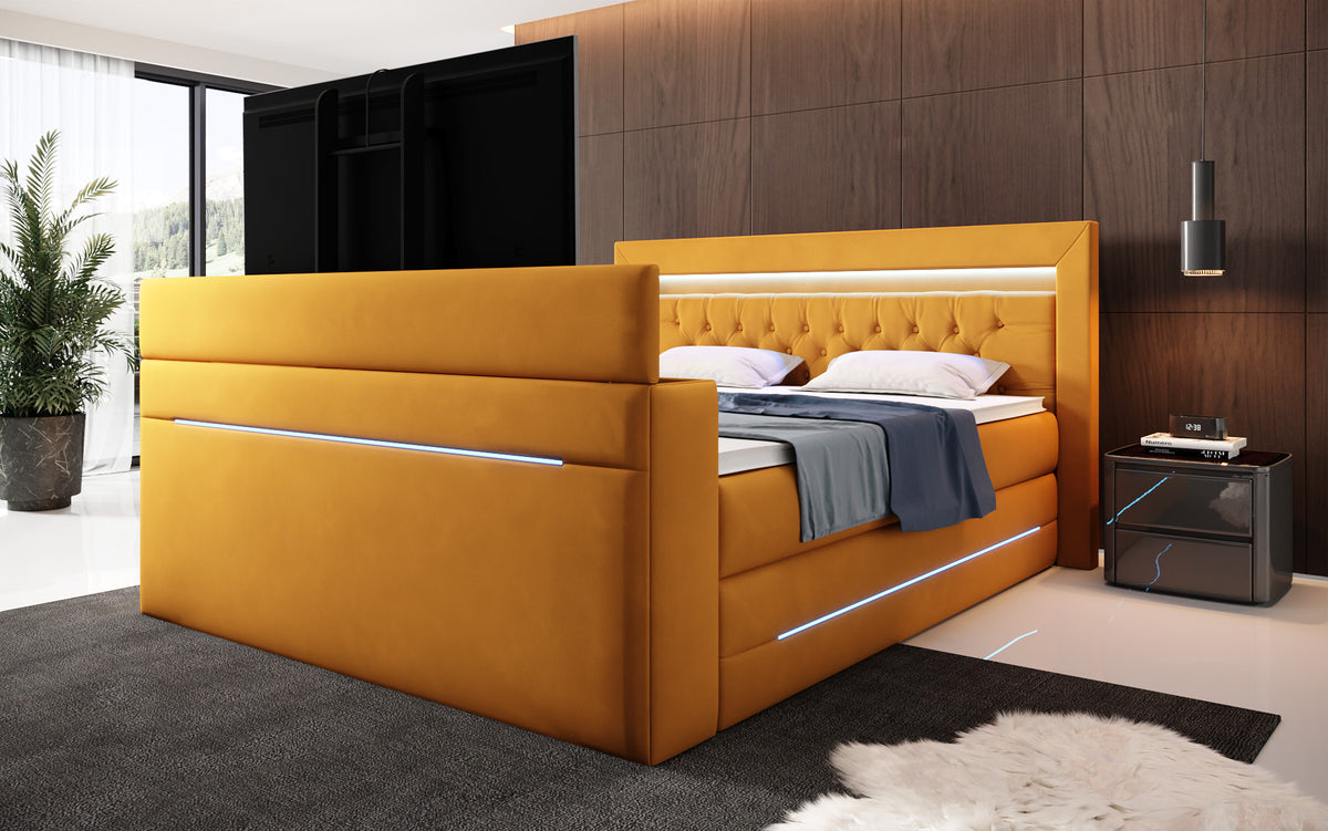 Pluto Boxspring Bed with TV Lift, RGB, and Storage