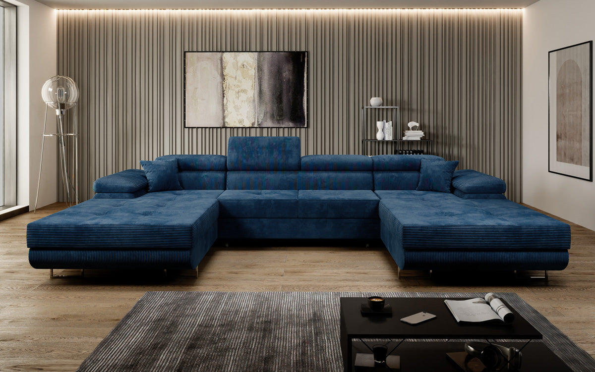 Designer Sofa Calvera U with Sleeping and Folding Function in Corduroy