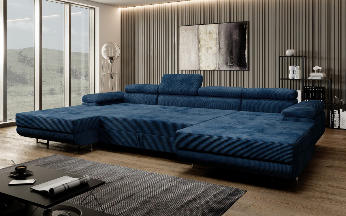 Designer Sofa Calvera U with Sleeping and Folding Function in Corduroy