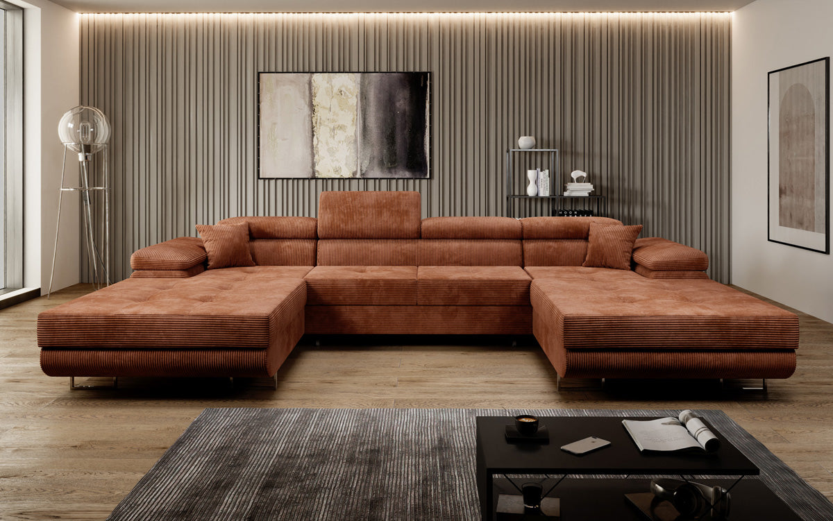 Designer Sofa Calvera U with Sleeping and Folding Function in Corduroy