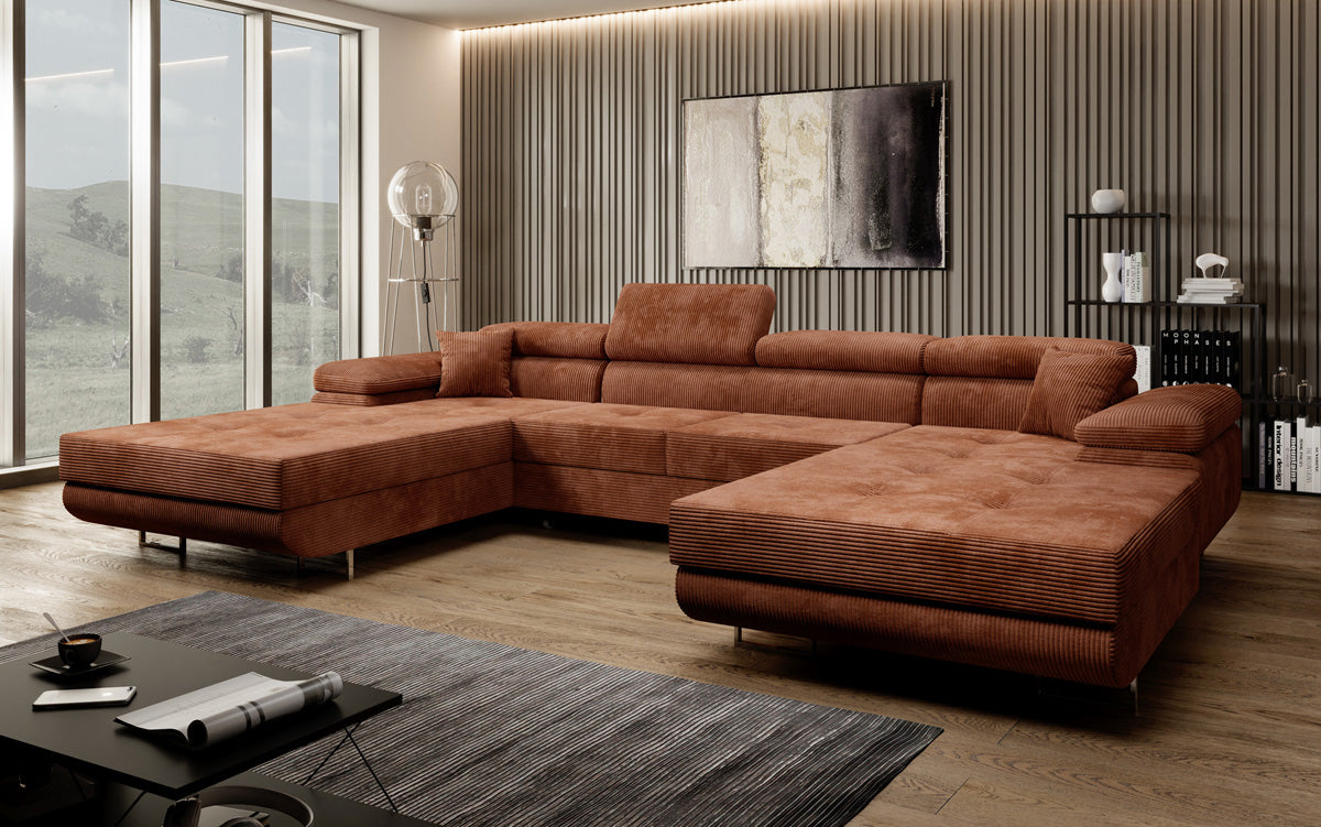 Designer Sofa Calvera U with Sleeping and Folding Function in Corduroy