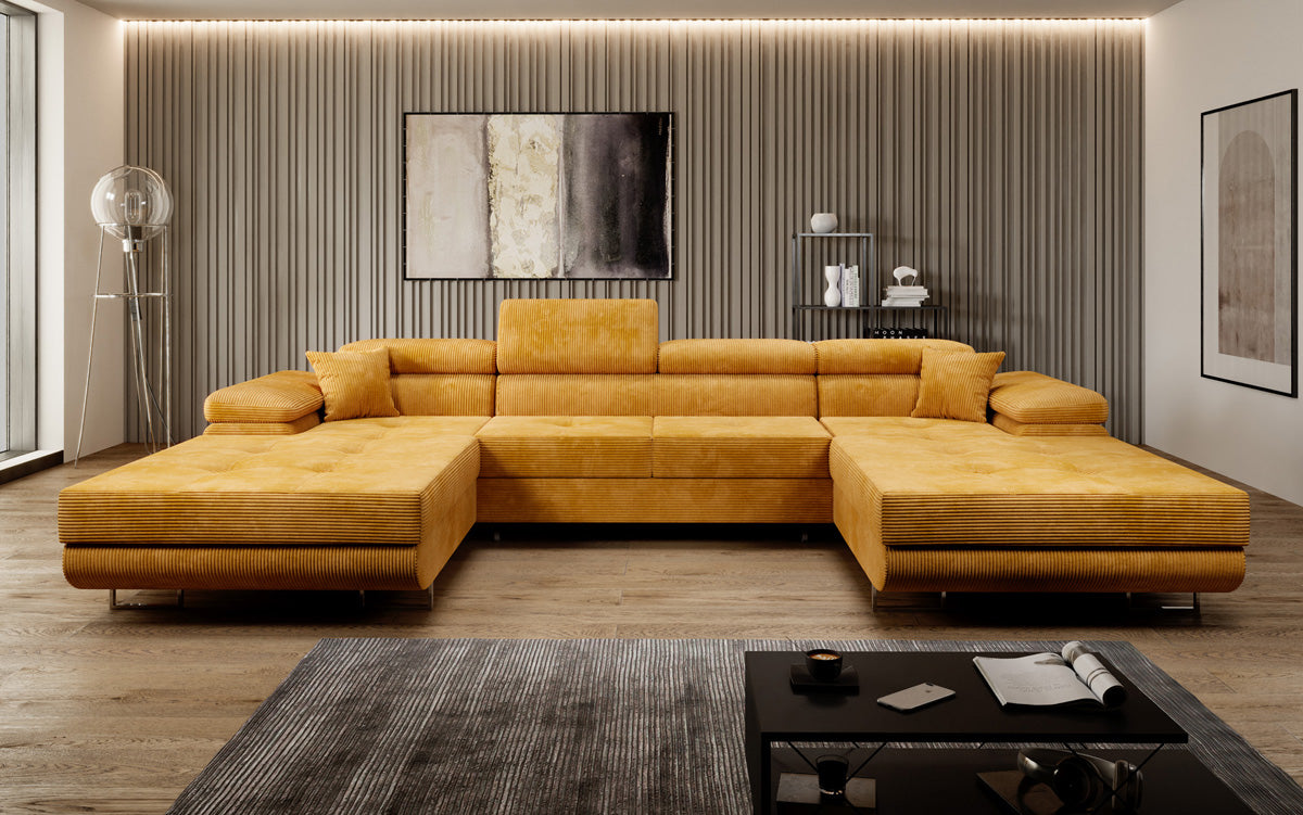 Designer Sofa Calvera U with Sleeping and Folding Function in Corduroy