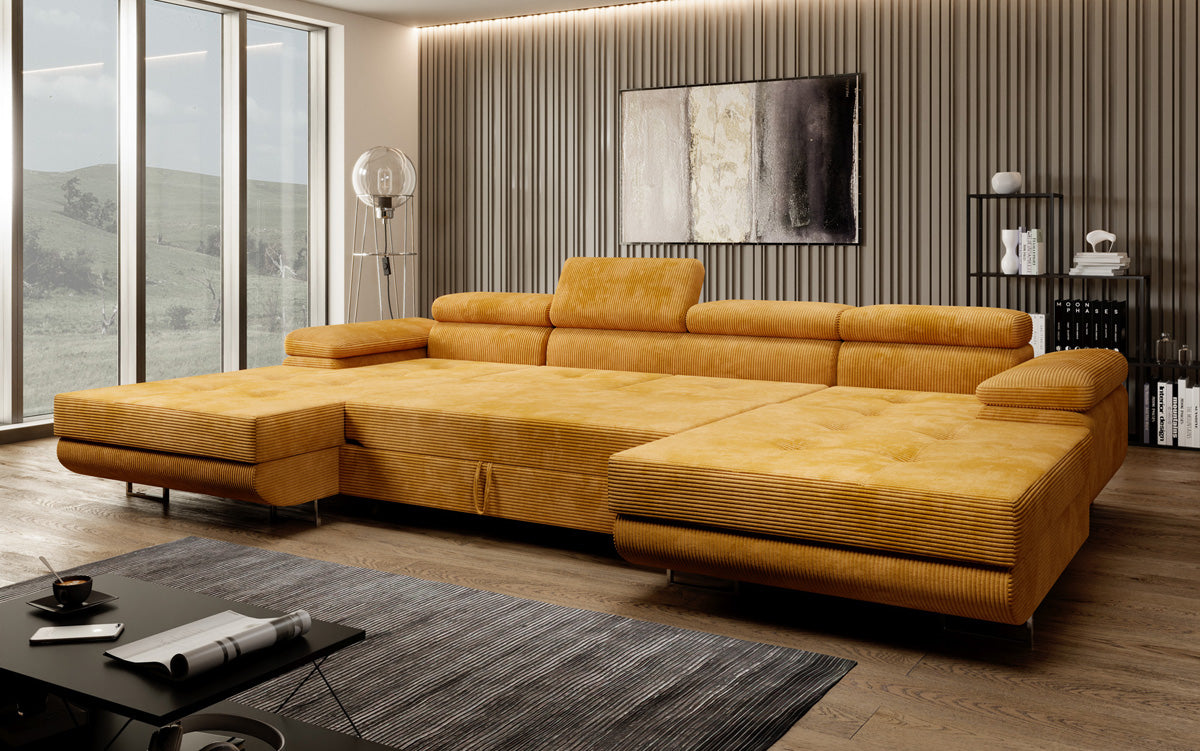 Designer Sofa Calvera U with Sleeping and Folding Function in Corduroy