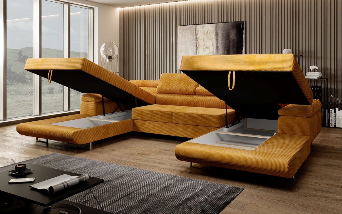 Designer Sofa Calvera U with Sleeping and Folding Function in Corduroy