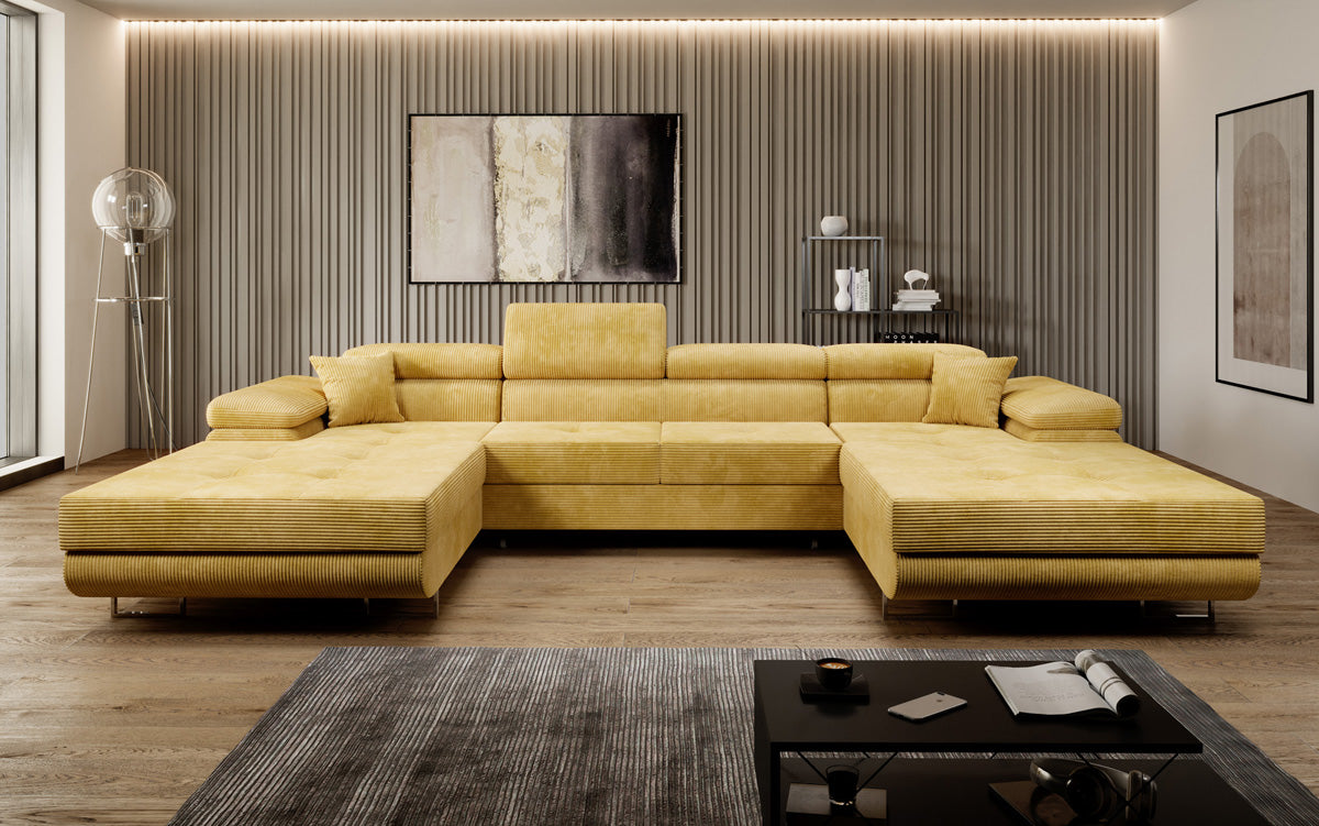 Designer Sofa Calvera U with Sleeping and Folding Function in Corduroy