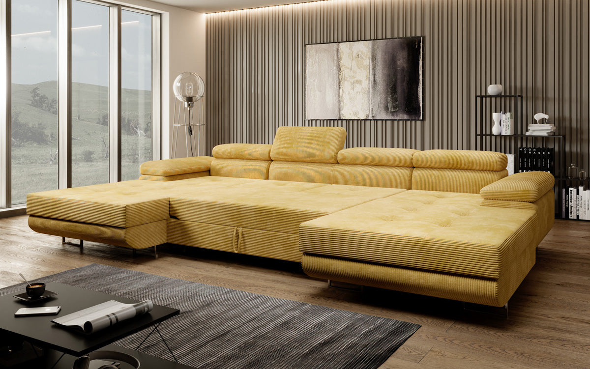 Designer Sofa Calvera U with Sleeping and Folding Function in Corduroy