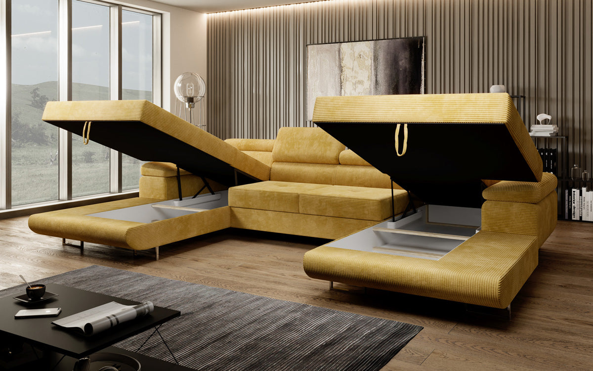 Designer Sofa Calvera U with Sleeping and Folding Function in Corduroy