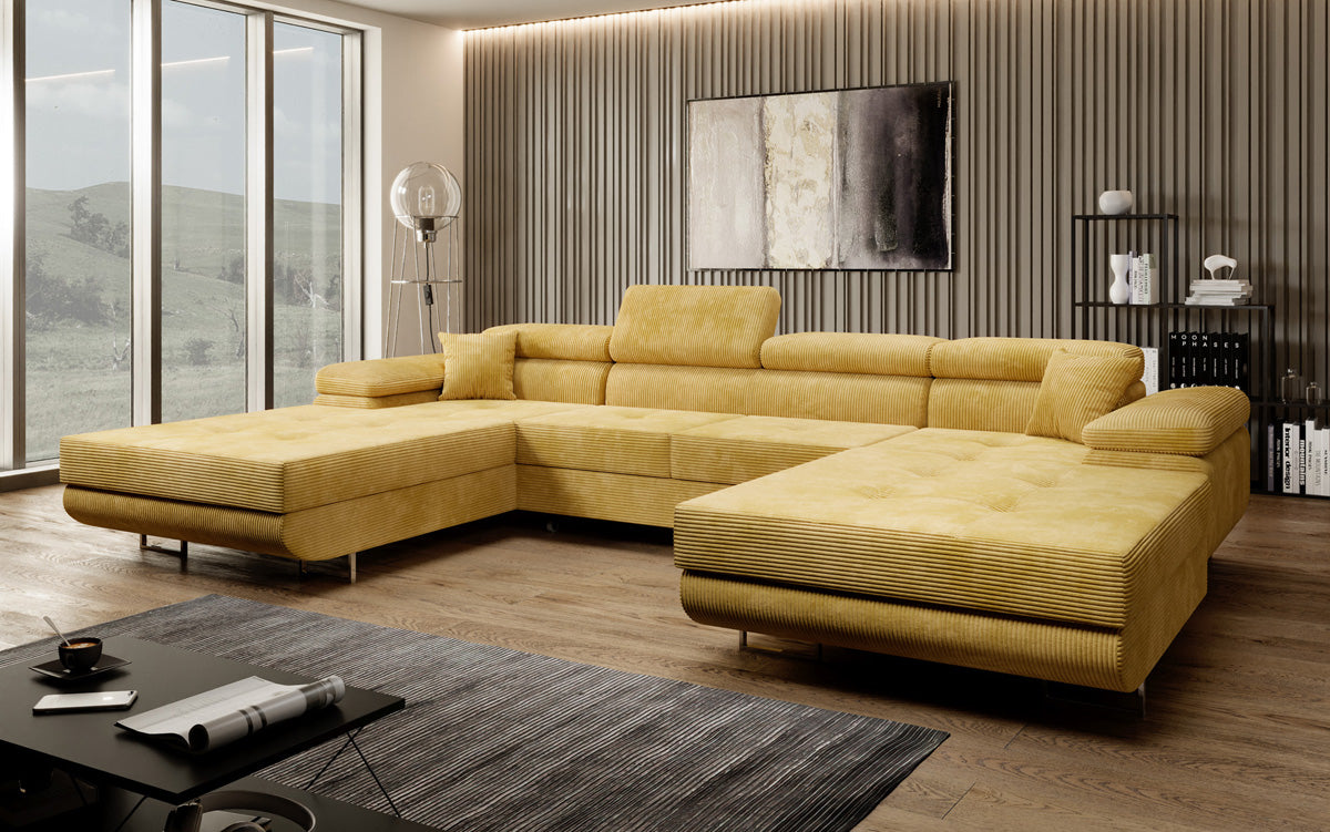 Designer Sofa Calvera U with Sleeping and Folding Function in Corduroy