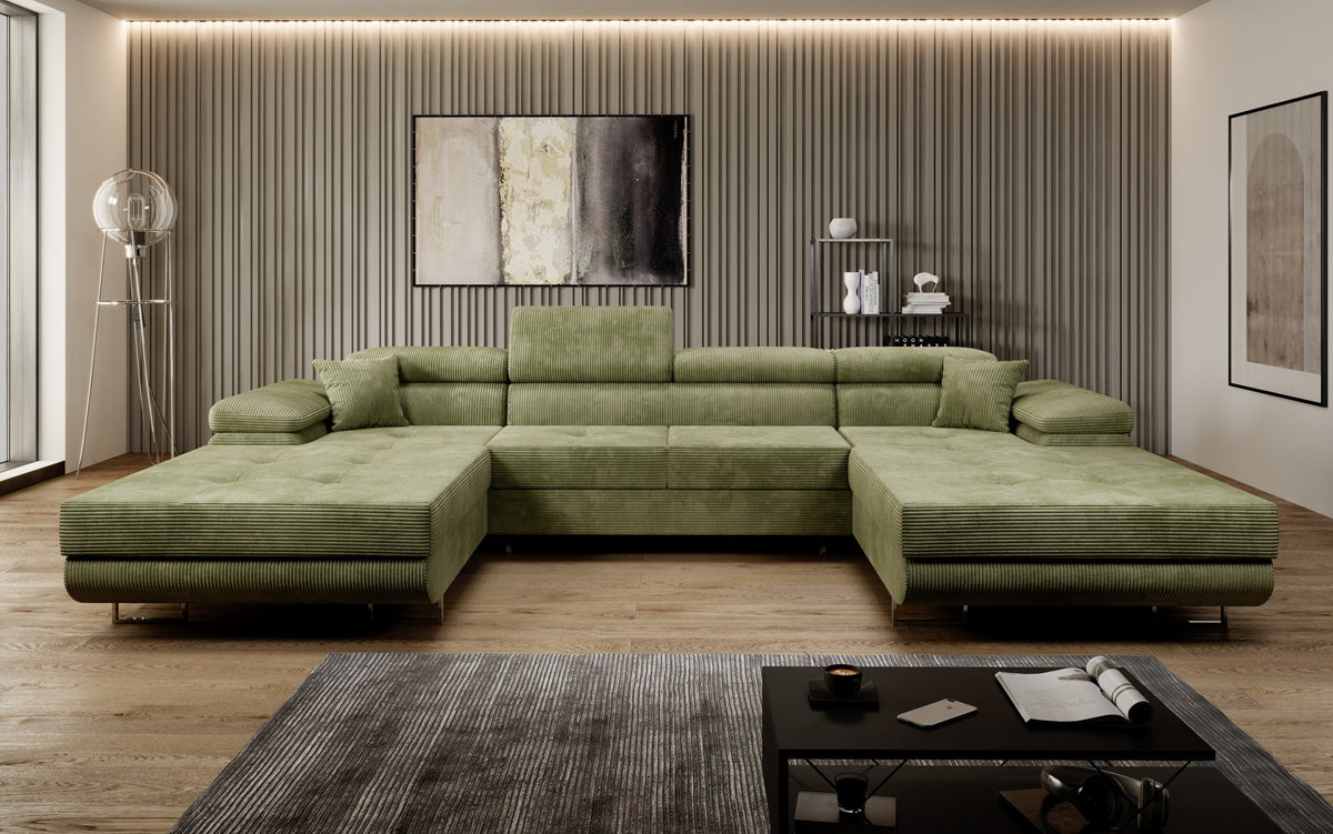 Designer Sofa Calvera U with Sleeping and Folding Function in Corduroy