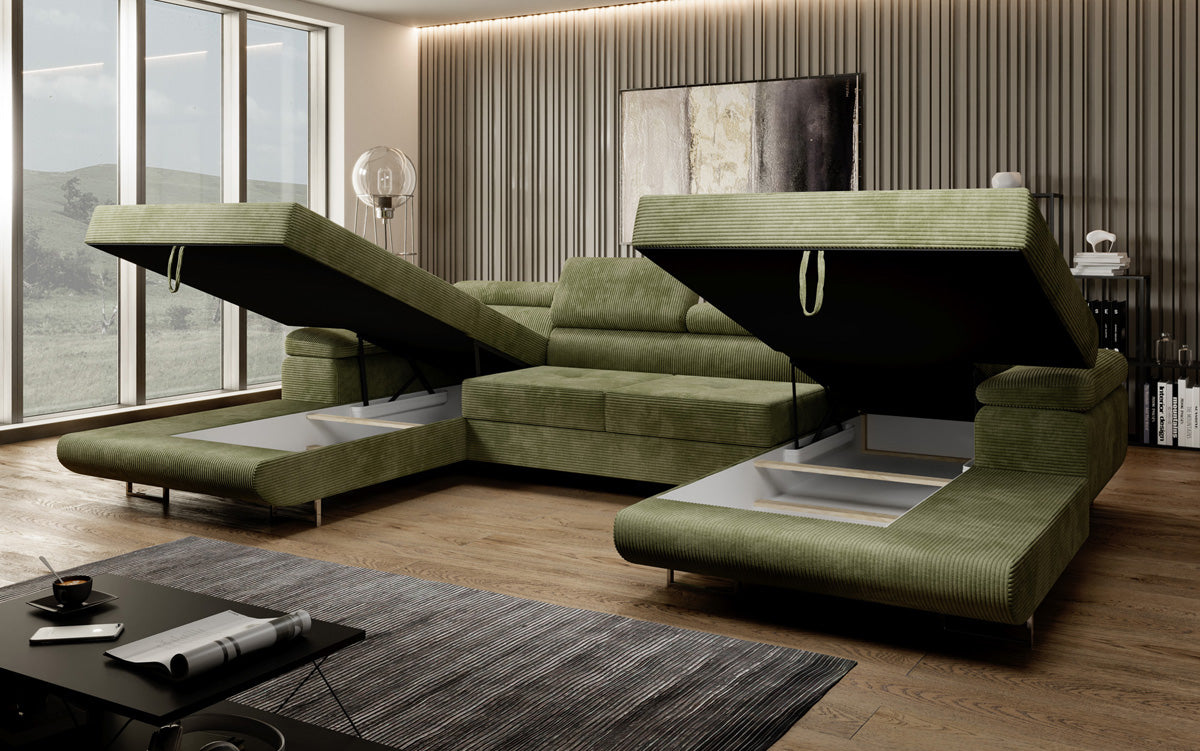Designer Sofa Calvera U with Sleeping and Folding Function in Corduroy