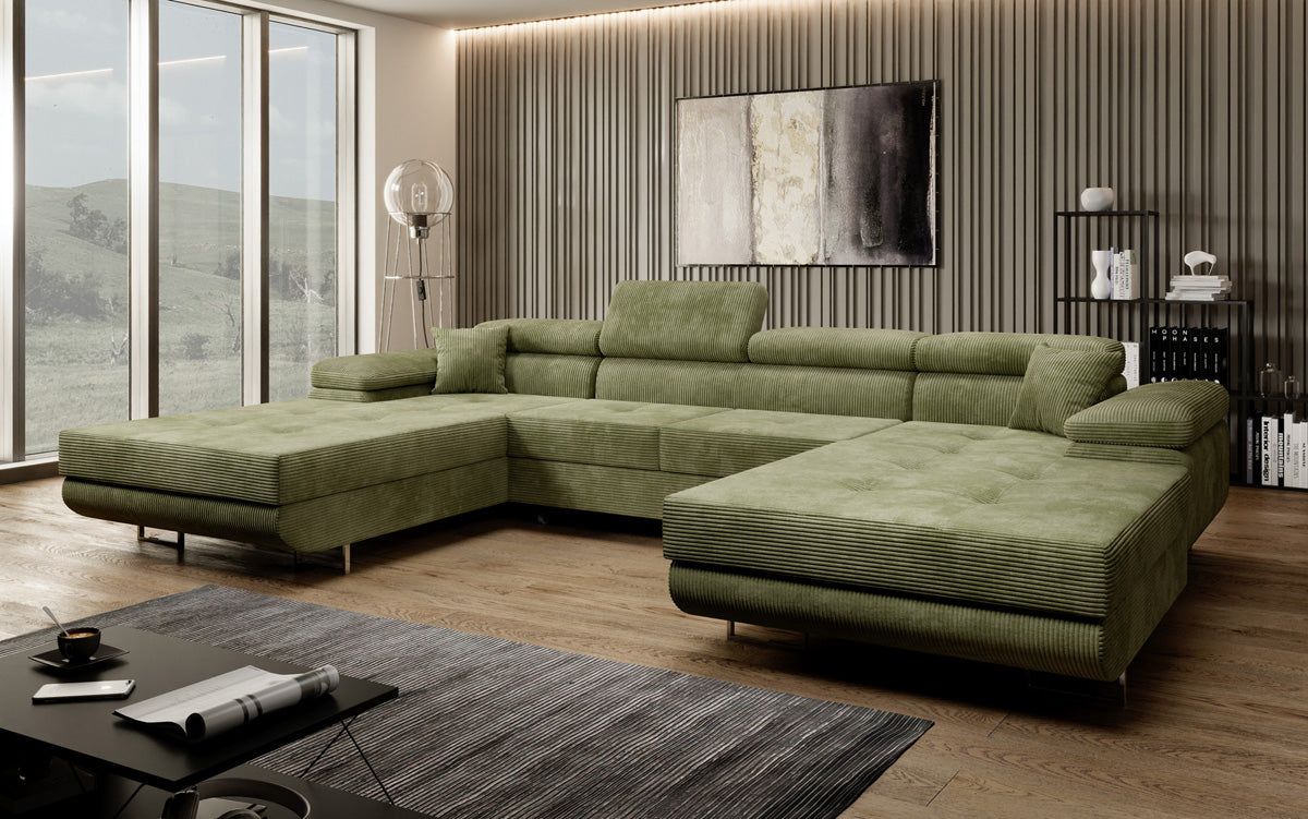 Designer Sofa Calvera U with Sleeping and Folding Function in Corduroy
