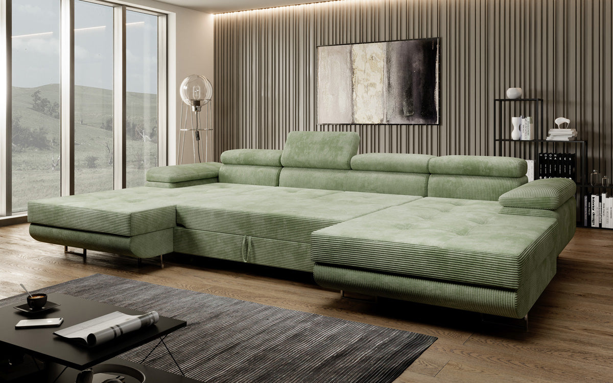 Designer Sofa Calvera U with Sleeping and Folding Function in Corduroy
