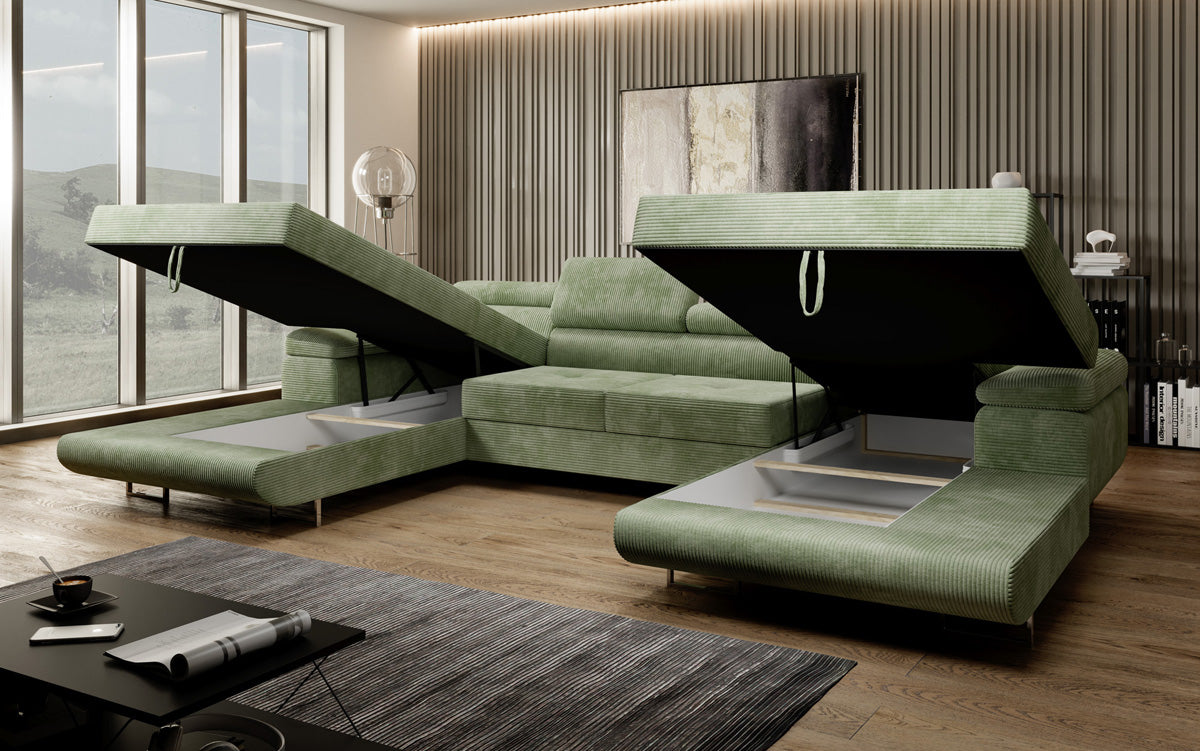 Designer Sofa Calvera U with Sleeping and Folding Function in Corduroy