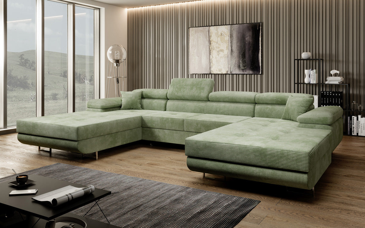 Designer Sofa Calvera U with Sleeping and Folding Function in Corduroy