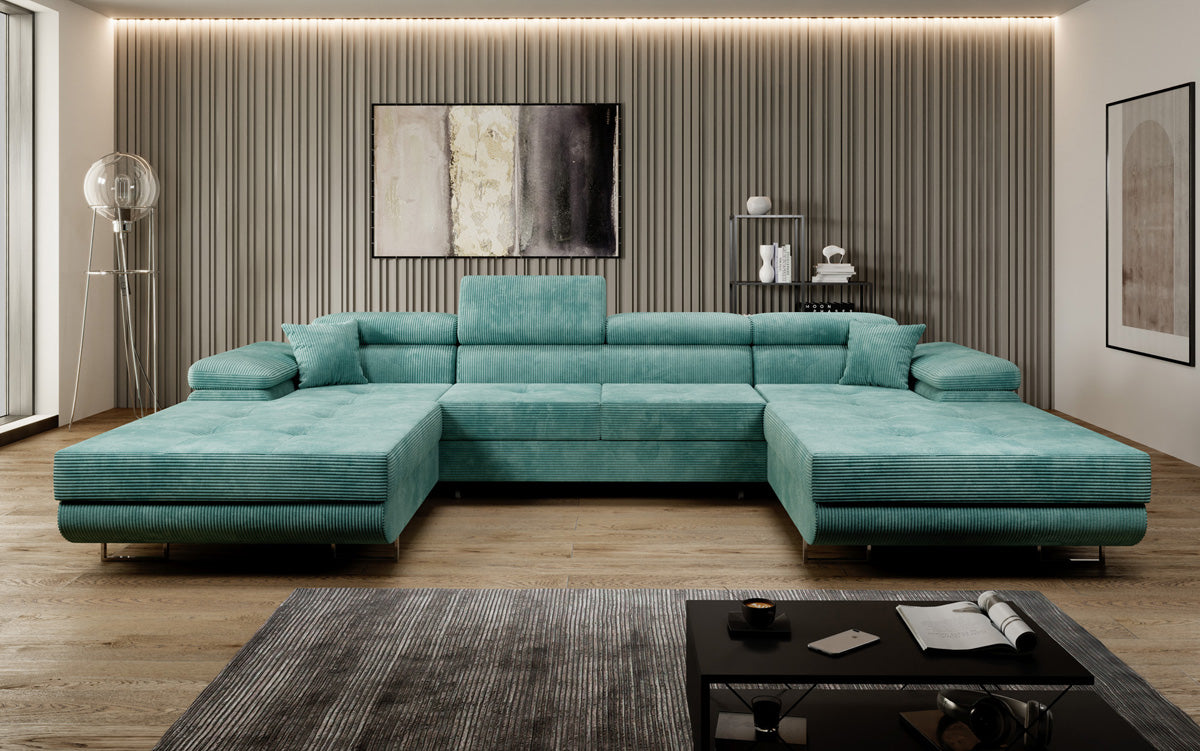 Designer Sofa Calvera U with Sleeping and Folding Function in Corduroy