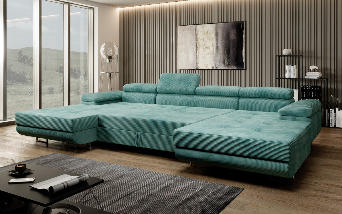 Designer Sofa Calvera U with Sleeping and Folding Function in Corduroy