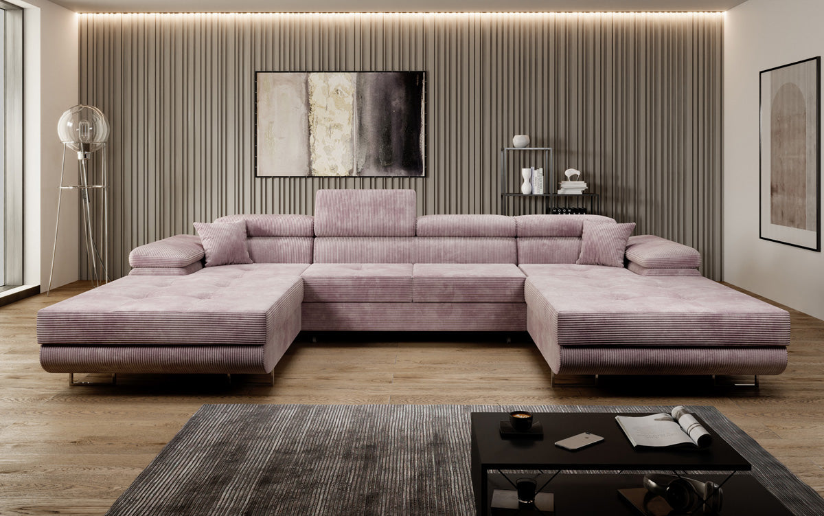 Designer Sofa Calvera U with Sleeping and Folding Function in Corduroy