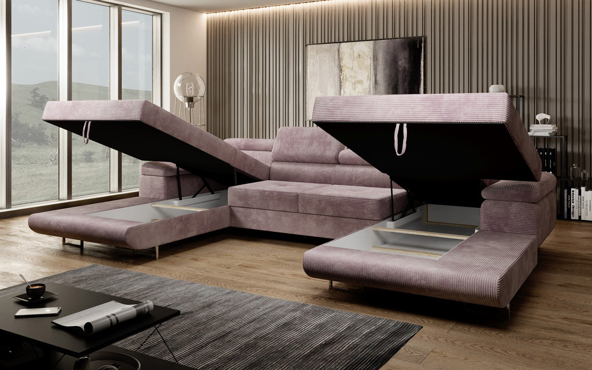 Designer Sofa Calvera U with Sleeping and Folding Function in Corduroy