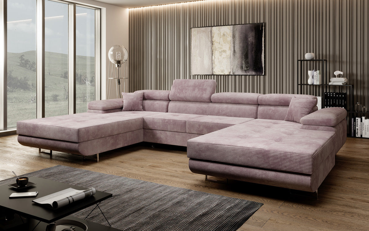 Designer Sofa Calvera U with Sleeping and Folding Function in Corduroy