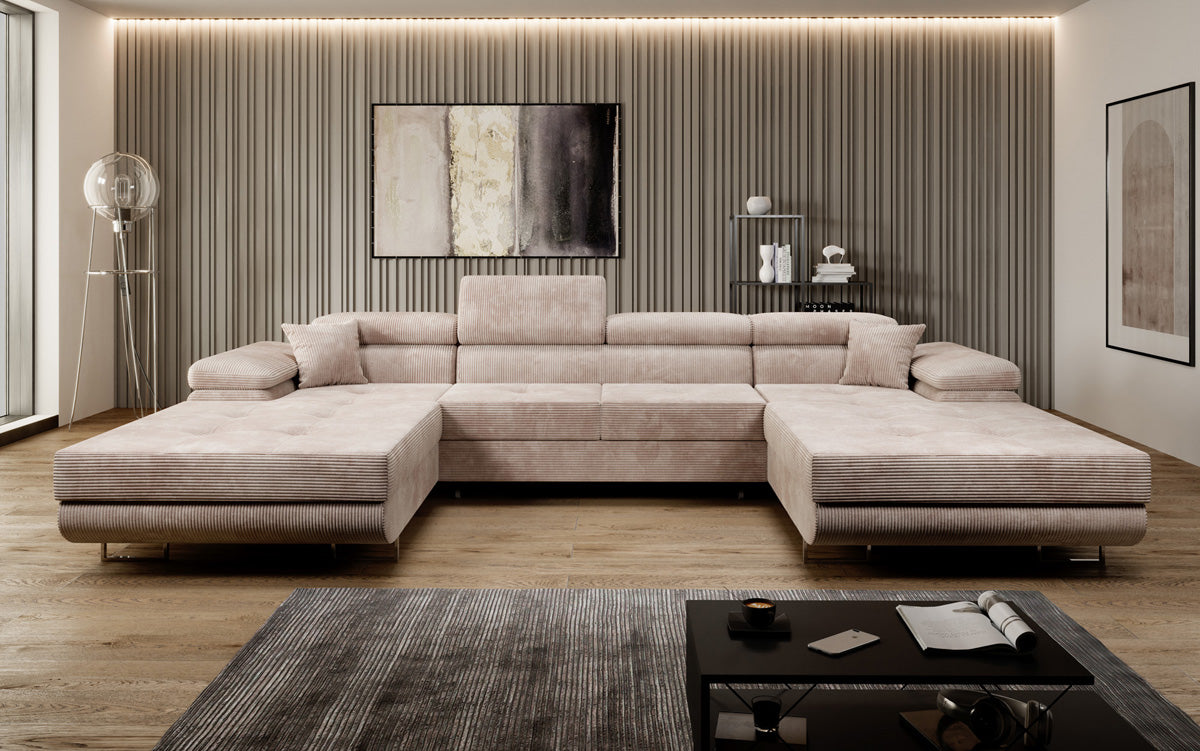 Designer Sofa Calvera U with Sleeping and Folding Function in Corduroy