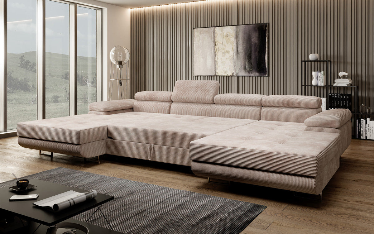 Designer Sofa Calvera U with Sleeping and Folding Function in Corduroy