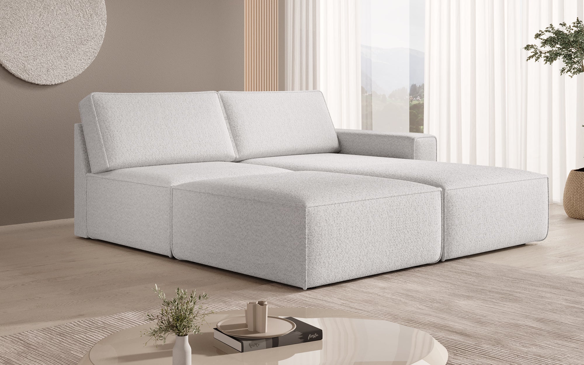 Modular corner sofa Yuma with bouclé side stool