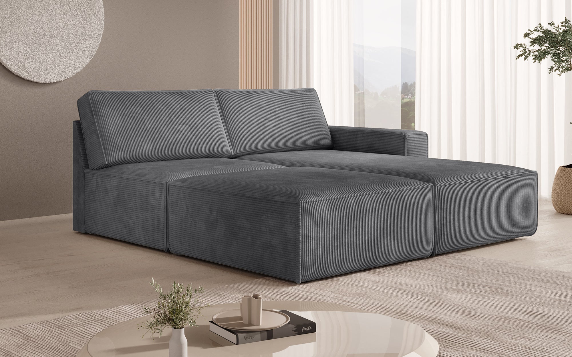 Modular corner sofa Yuma with corduroy side stool