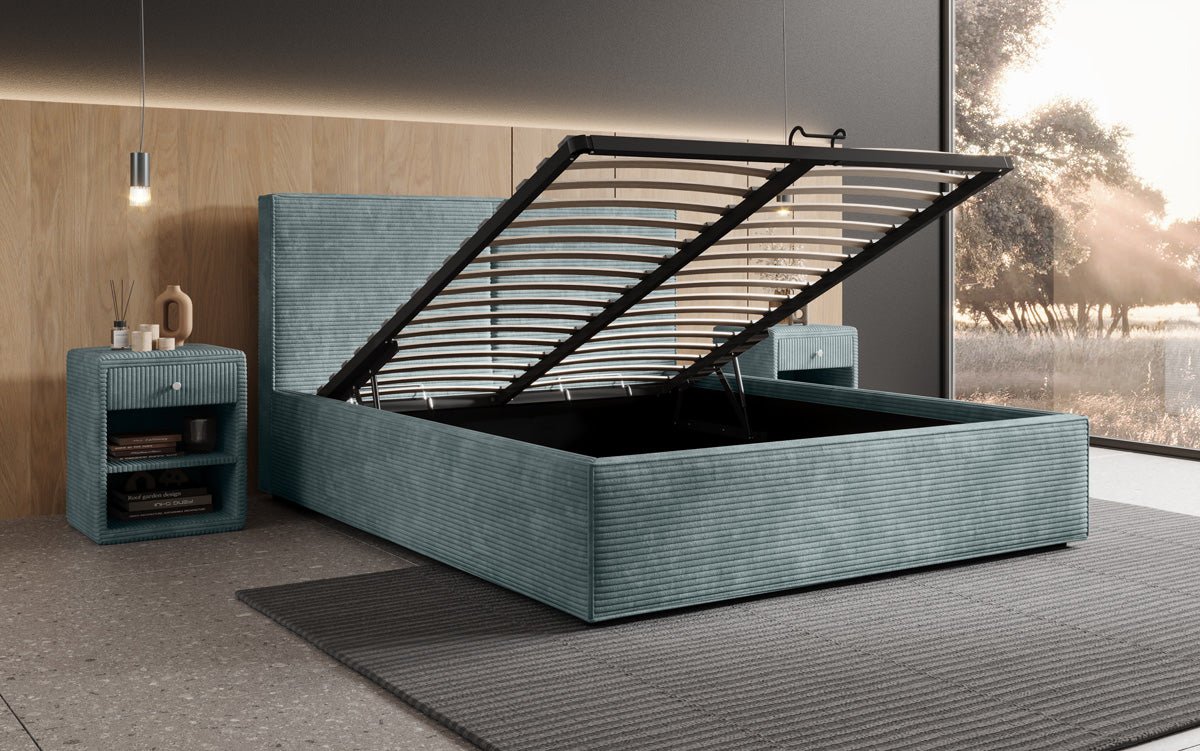 Designer upholstered bed Elara in corduroy with storage