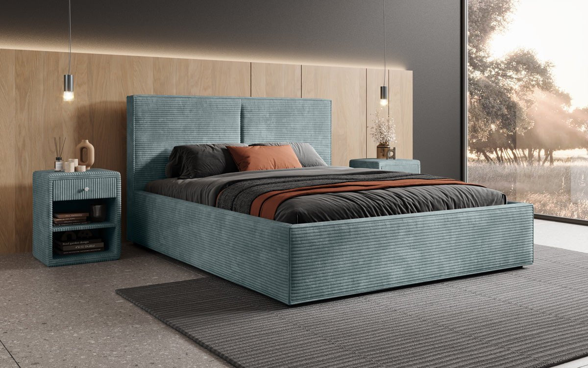 Designer upholstered bed Elara in corduroy with storage