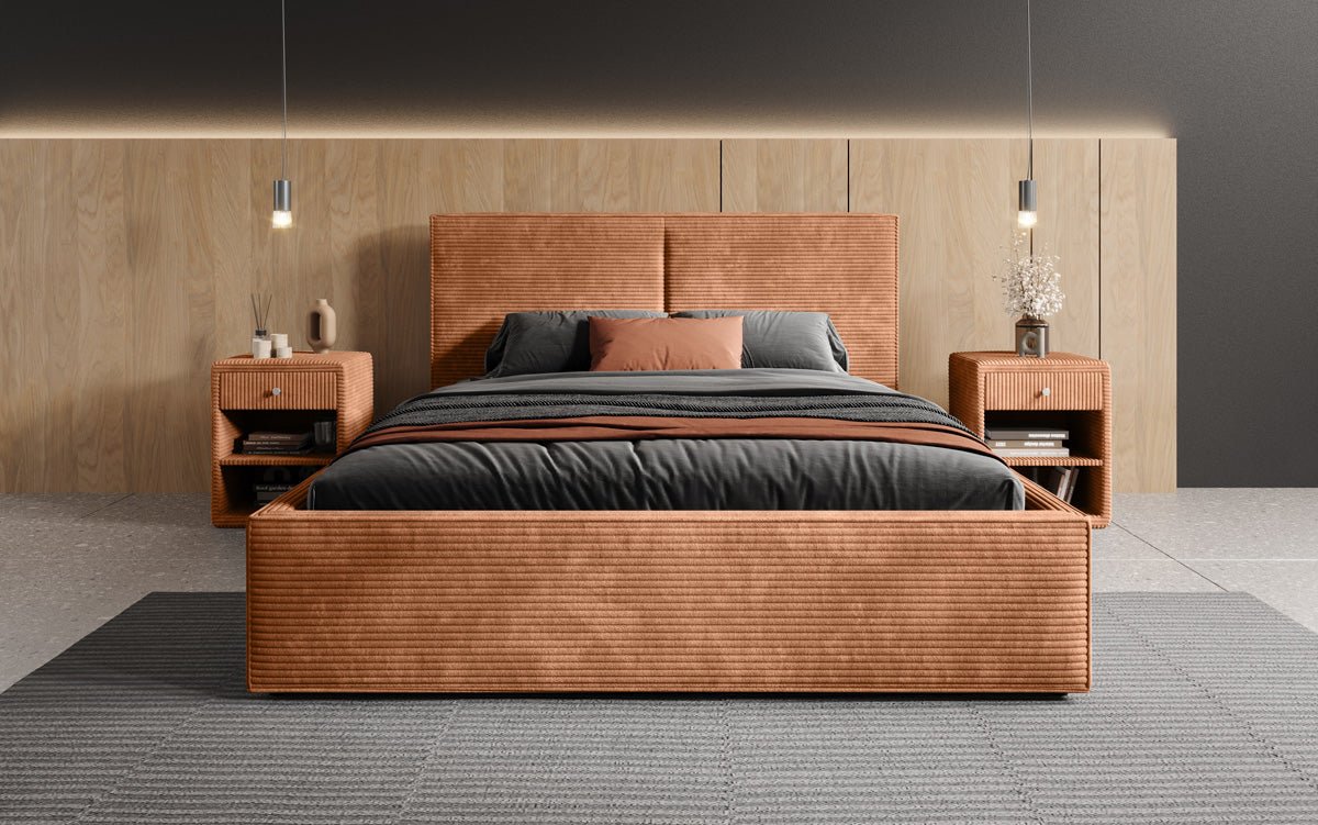 Designer upholstered bed Elara in corduroy with storage