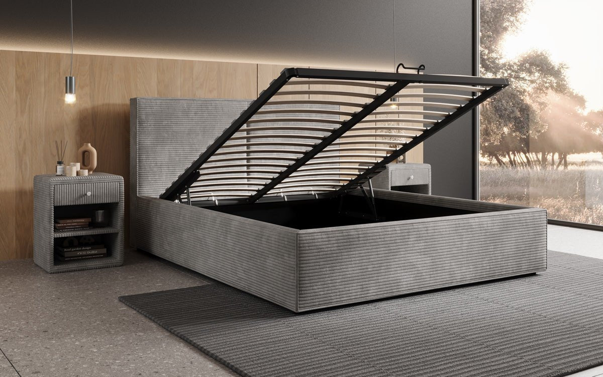 Designer upholstered bed Elara in corduroy with storage