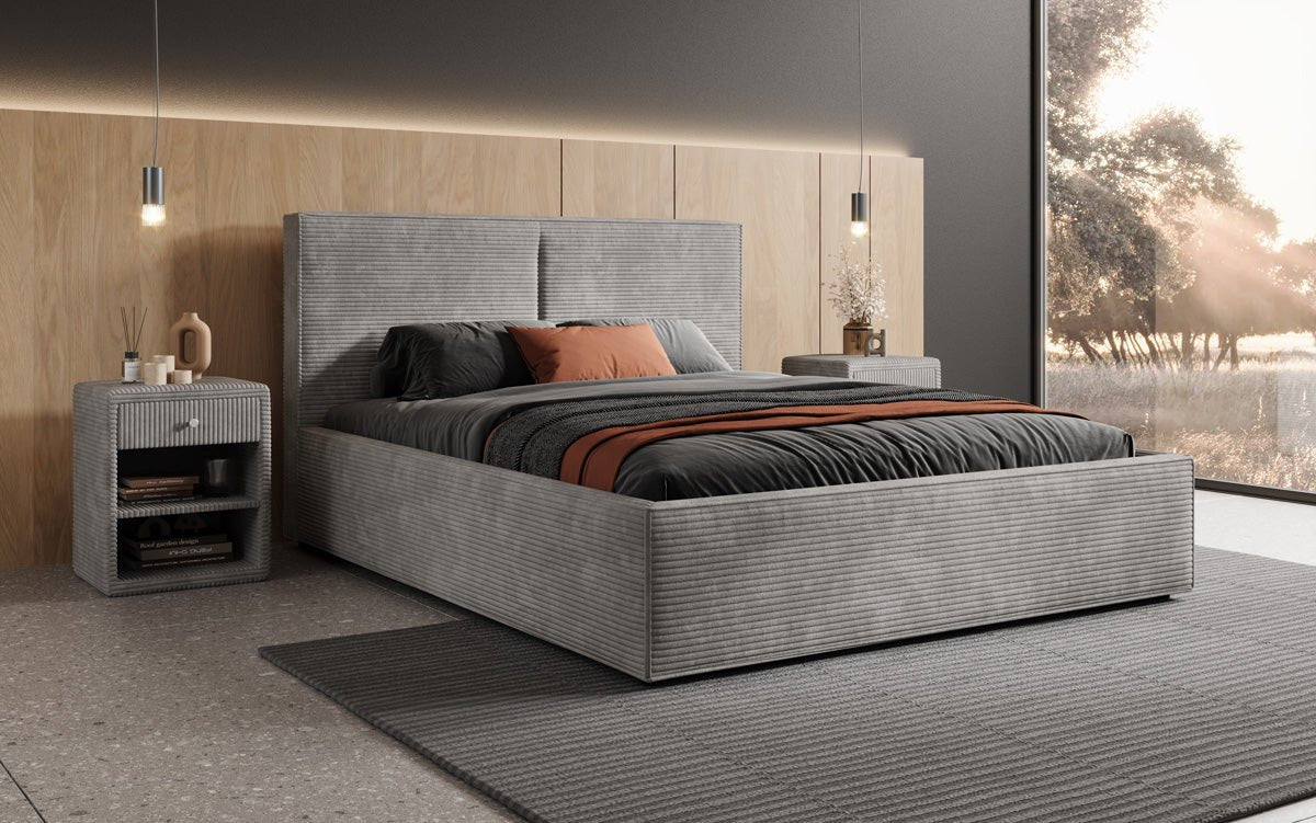 Designer upholstered bed Elara in corduroy with storage