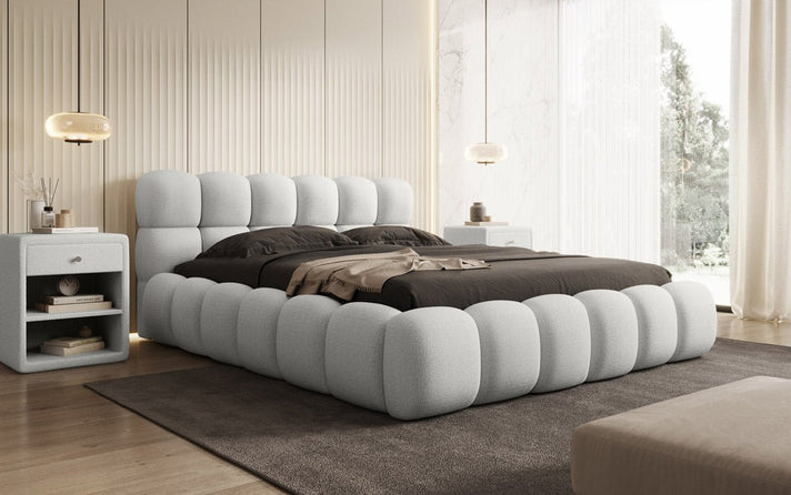 Designer Boston Bouclé upholstered bed with storage