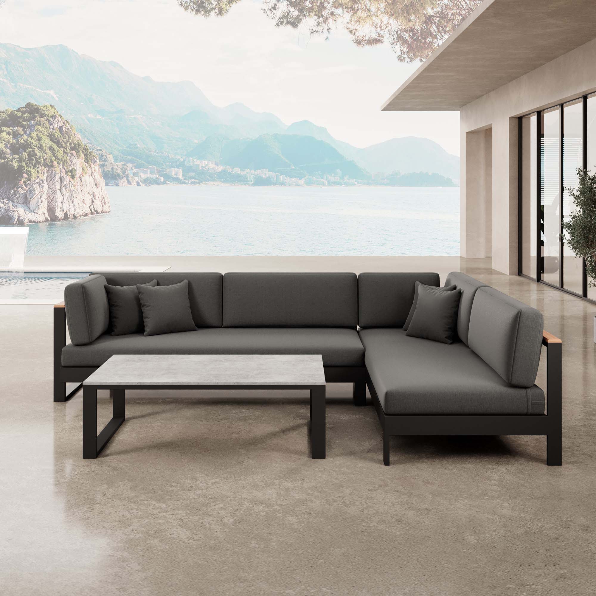 Vayla – Corner Lounge, Corner Sofa & Table in Black Aluminum | Aevora™ Collection