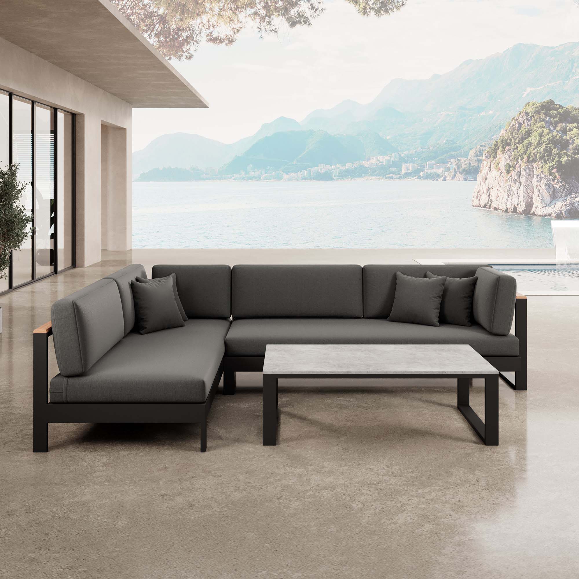 Vayla – Corner Lounge, Corner Sofa & Table in Black Aluminum | Aevora™ Collection