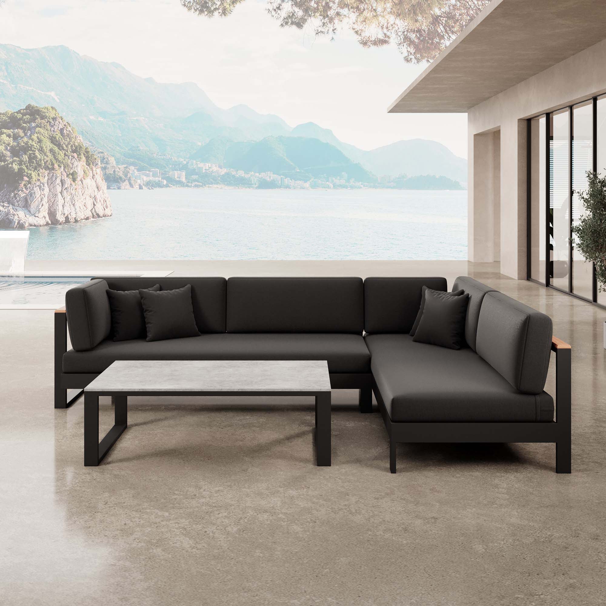 Vayla – Corner Lounge, Corner Sofa & Table in Black Aluminum | Aevora™ Collection