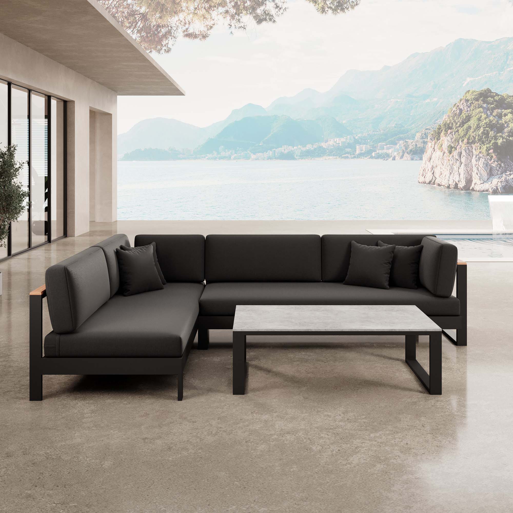 Vayla – Corner Lounge, Corner Sofa & Table in Black Aluminum | Aevora™ Collection