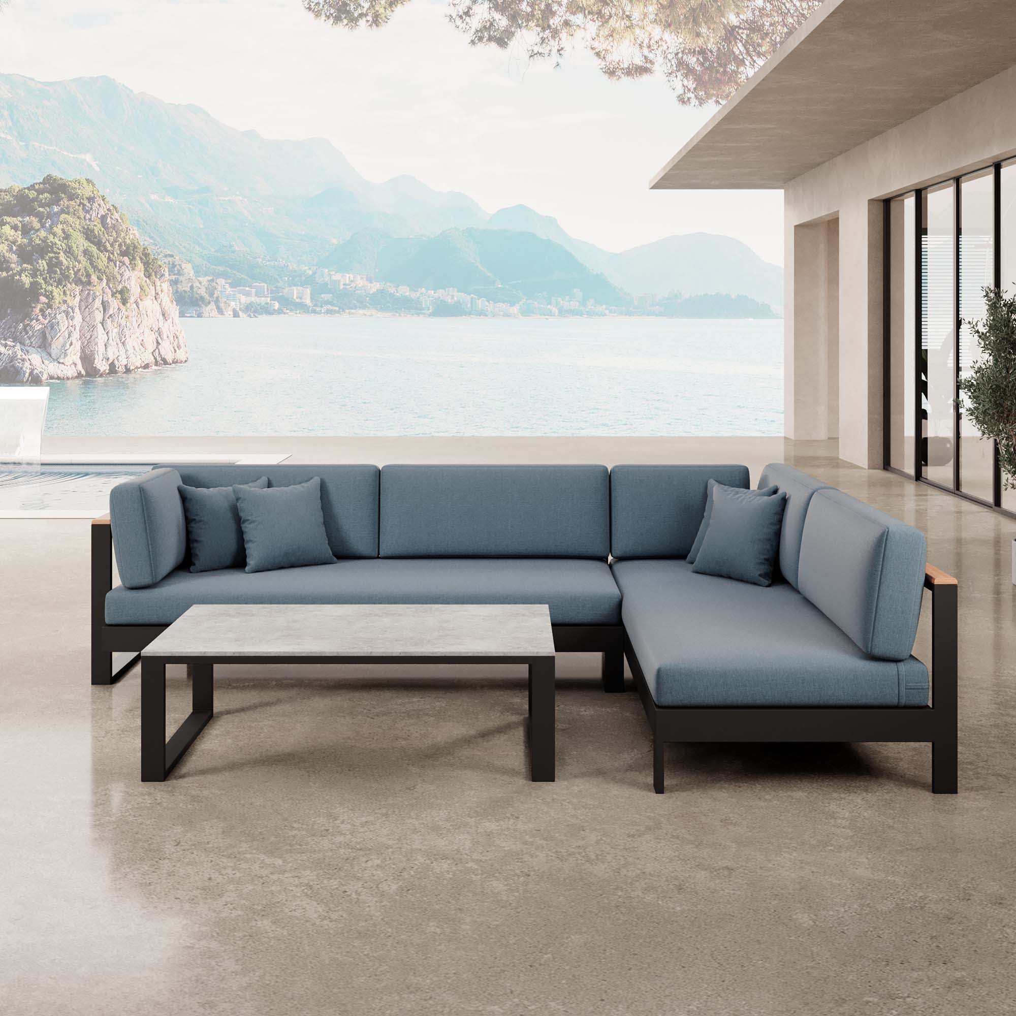 Vayla – Corner Lounge, Corner Sofa & Table in Black Aluminum | Aevora™ Collection