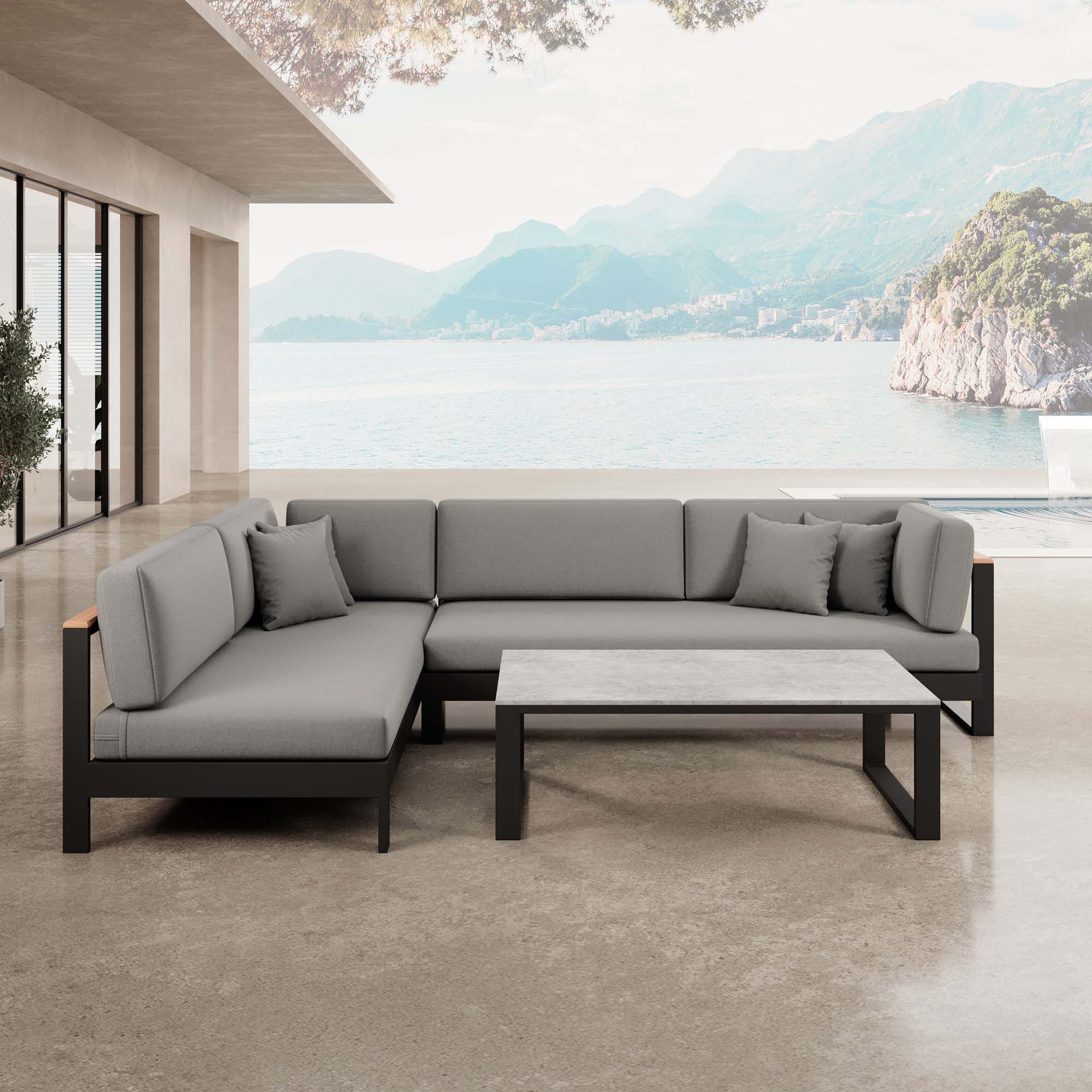 Vayla – Corner Lounge, Corner Sofa & Table in Black Aluminum | Aevora™ Collection