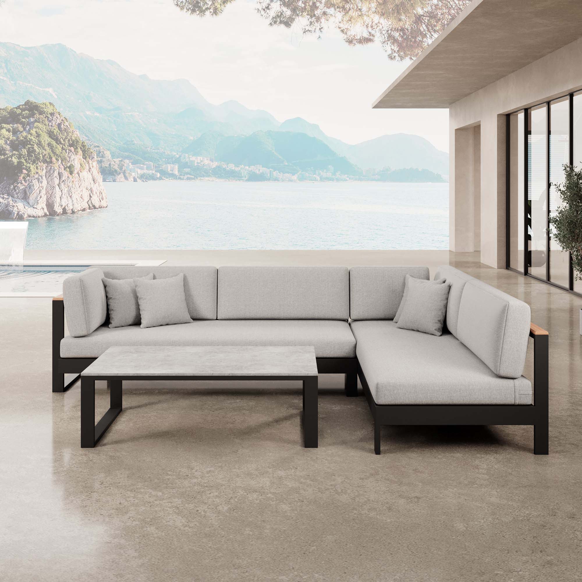 Vayla – Corner Lounge, Corner Sofa & Table in Black Aluminum | Aevora™ Collection