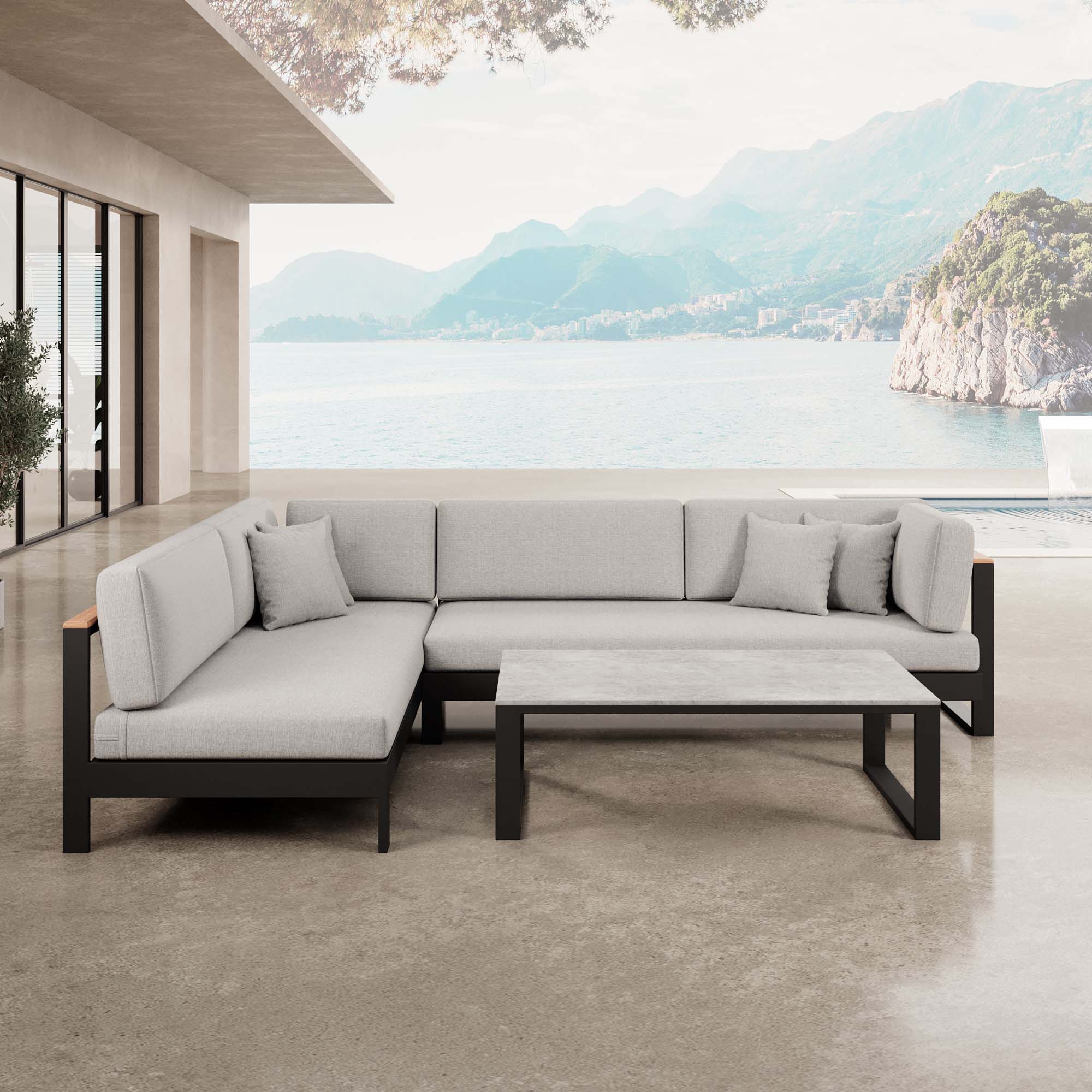 Vayla – Corner Lounge, Corner Sofa & Table in Black Aluminum | Aevora™ Collection