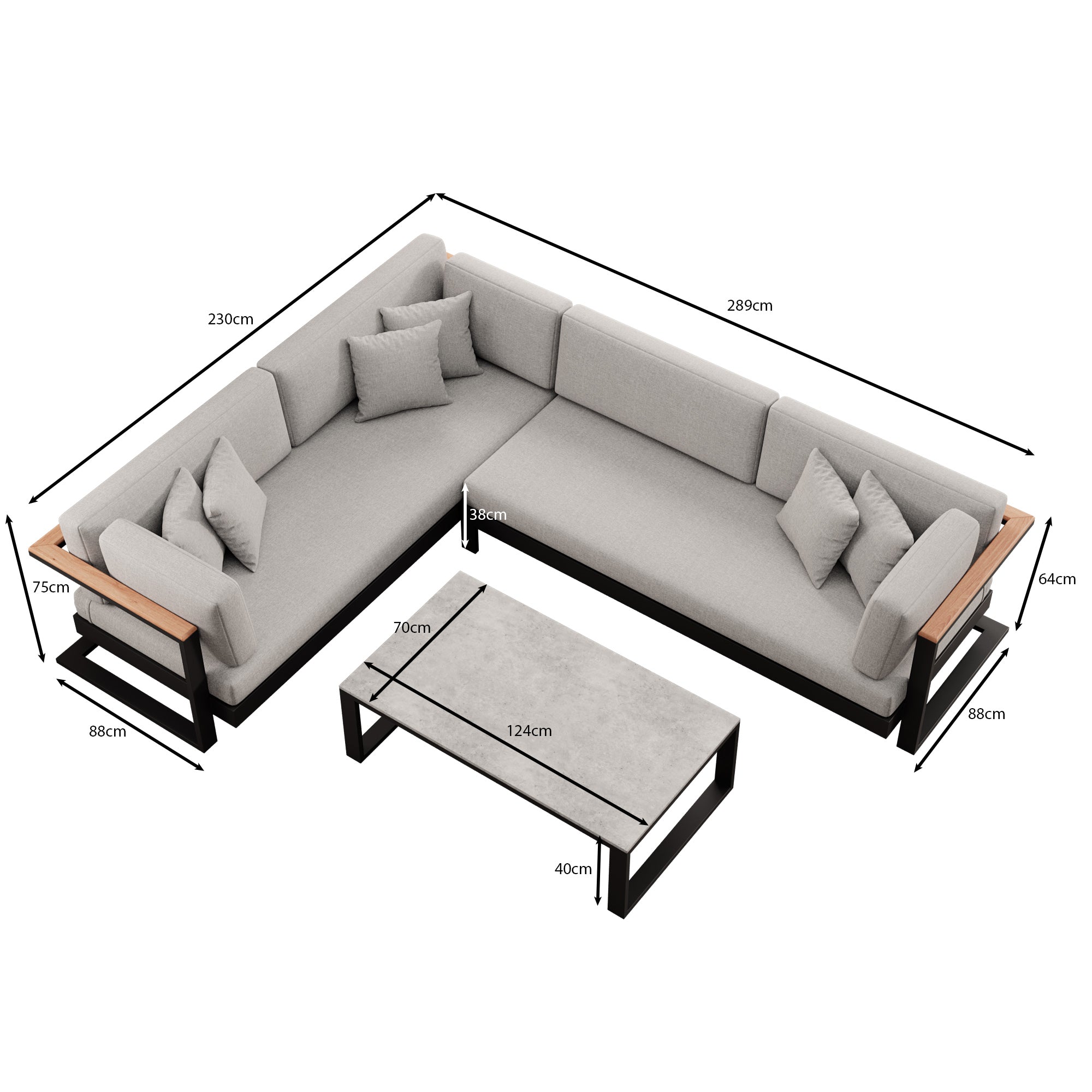 Vayla – L-Shaped Outdoor Sofa & Table in Black Aluminum | Aevora™ Collection